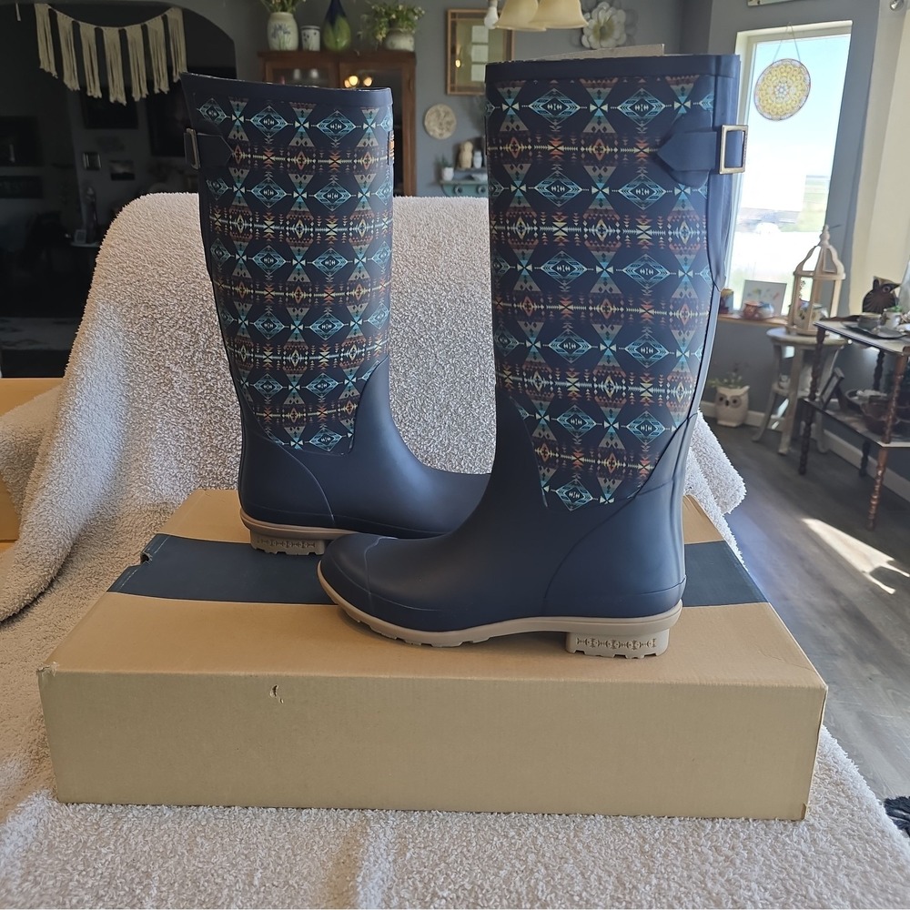 Pendleton Women's Diamond Peak Tall Navy Rain Boots Size 10 NIB Southwest Design